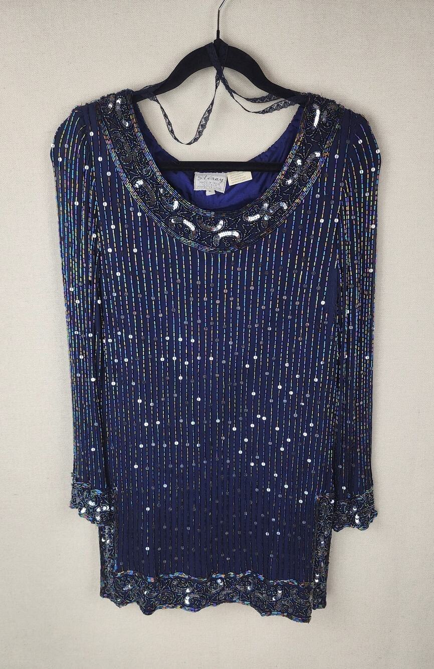 Vintage Stenay Blouse Womens 6 100% Silk Blue Beaded Blouse Classy sophisticated